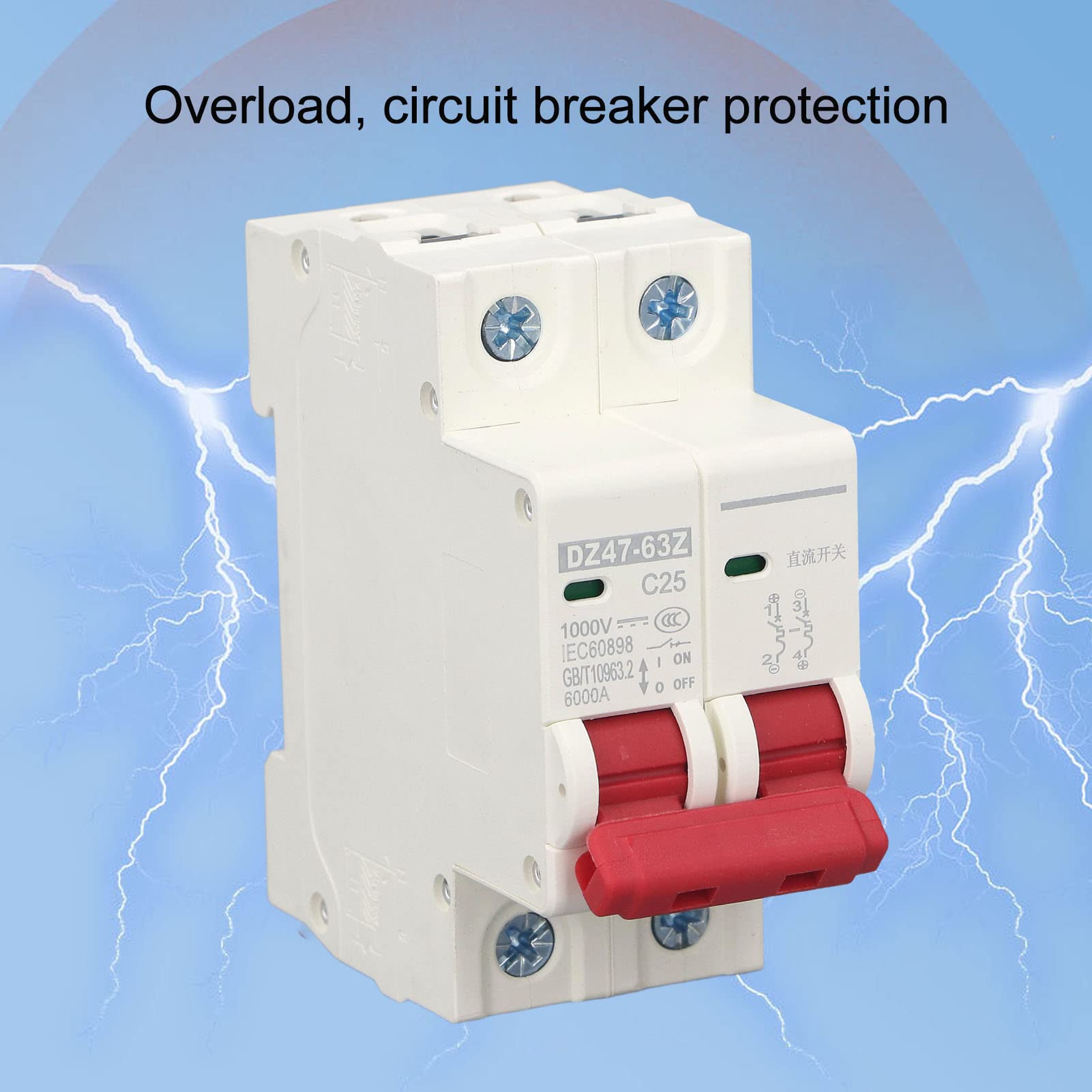 Tyenaza Disyuntor CC 25A, Disyuntor en Miniatura de CC, Interruptor de Circuito Fotovoltaico de 2P, DC 1000V MCB Interruptor de Protección de Montaje en Riel DIN 6000A Capacidad de Interrupción