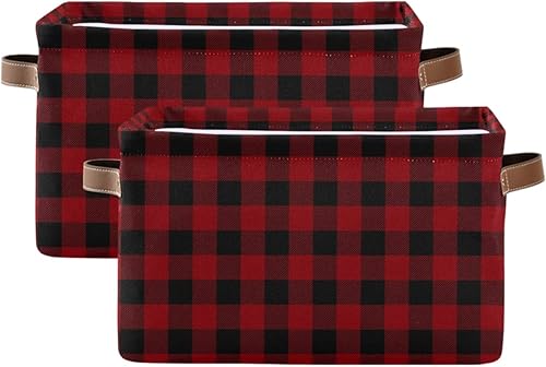 AUUXVA Cesta de almacenamiento clásica de cuadrícula de búfalo a cuadros, caja de almacenamiento de lona duradera plegable para juguetes, cesta