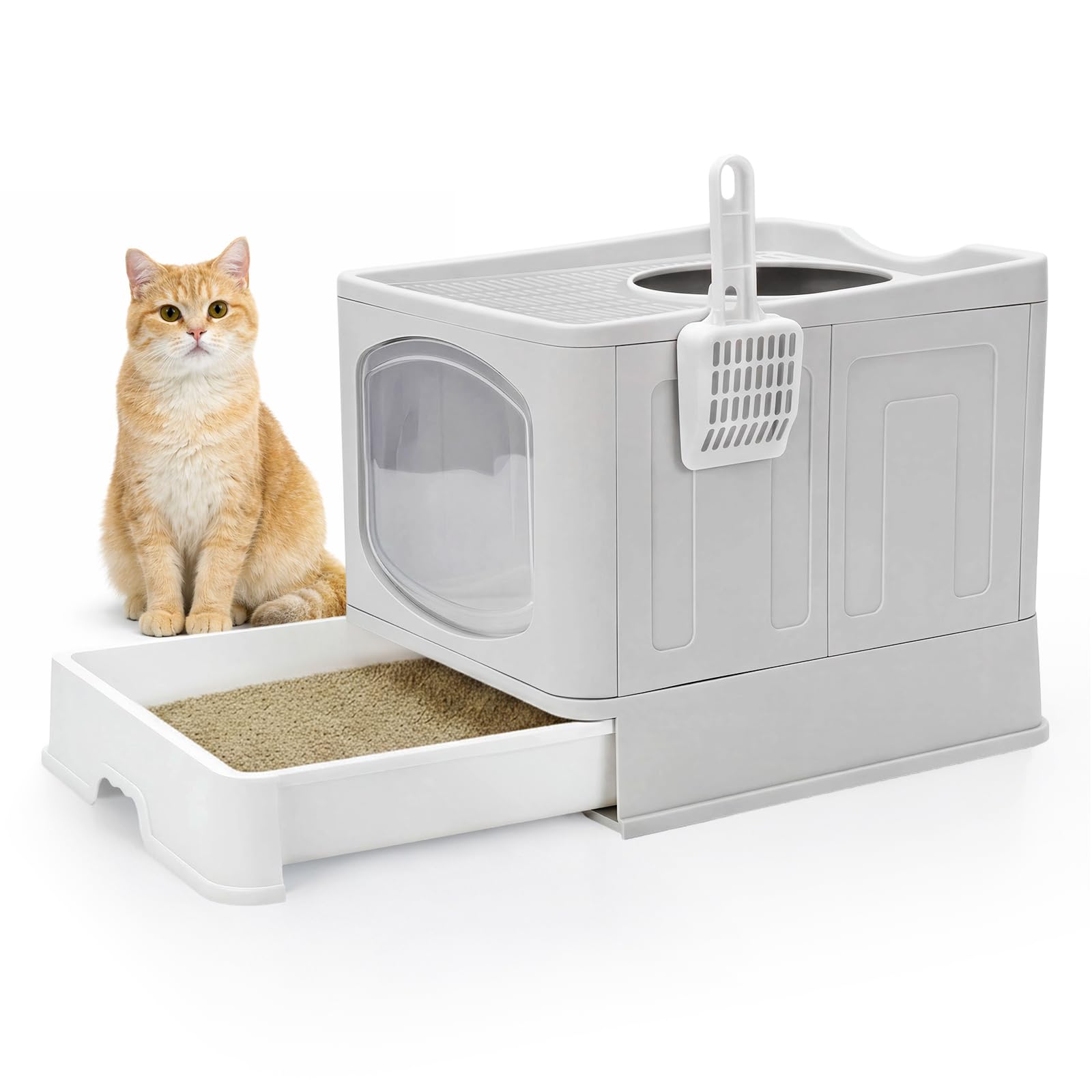 Skylos Cat Litter Box with Lid, Top Entry Bottom Entry Enclosed Litter Tray for Large Cats, Anti-Litter Tracking Round Exit, Removable Tray & Scoop, Space-Saving Collapsible Cat Toilet, Grey