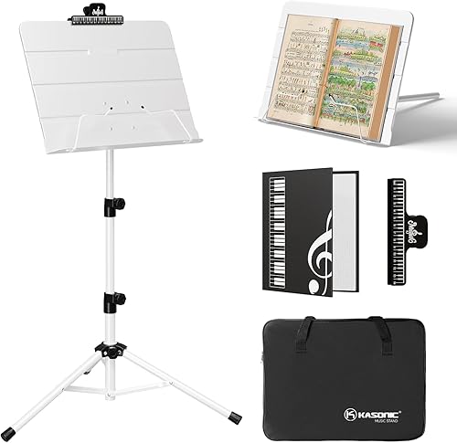 K KASONIC - Soporte plegable de doble uso para partituras y soporte para libros de escritorio con bolsa de transporte portátil, carpeta de Blanco