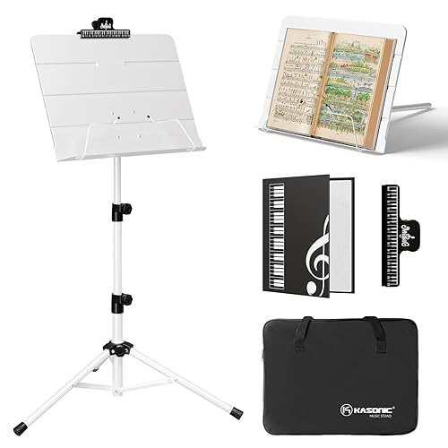 K KASONIC - Dual-Use Folding Sheet Music Stand & Desktop Book Stand with Portable Carrying Bag, Sheet Music Folder & Clip Holder (White)