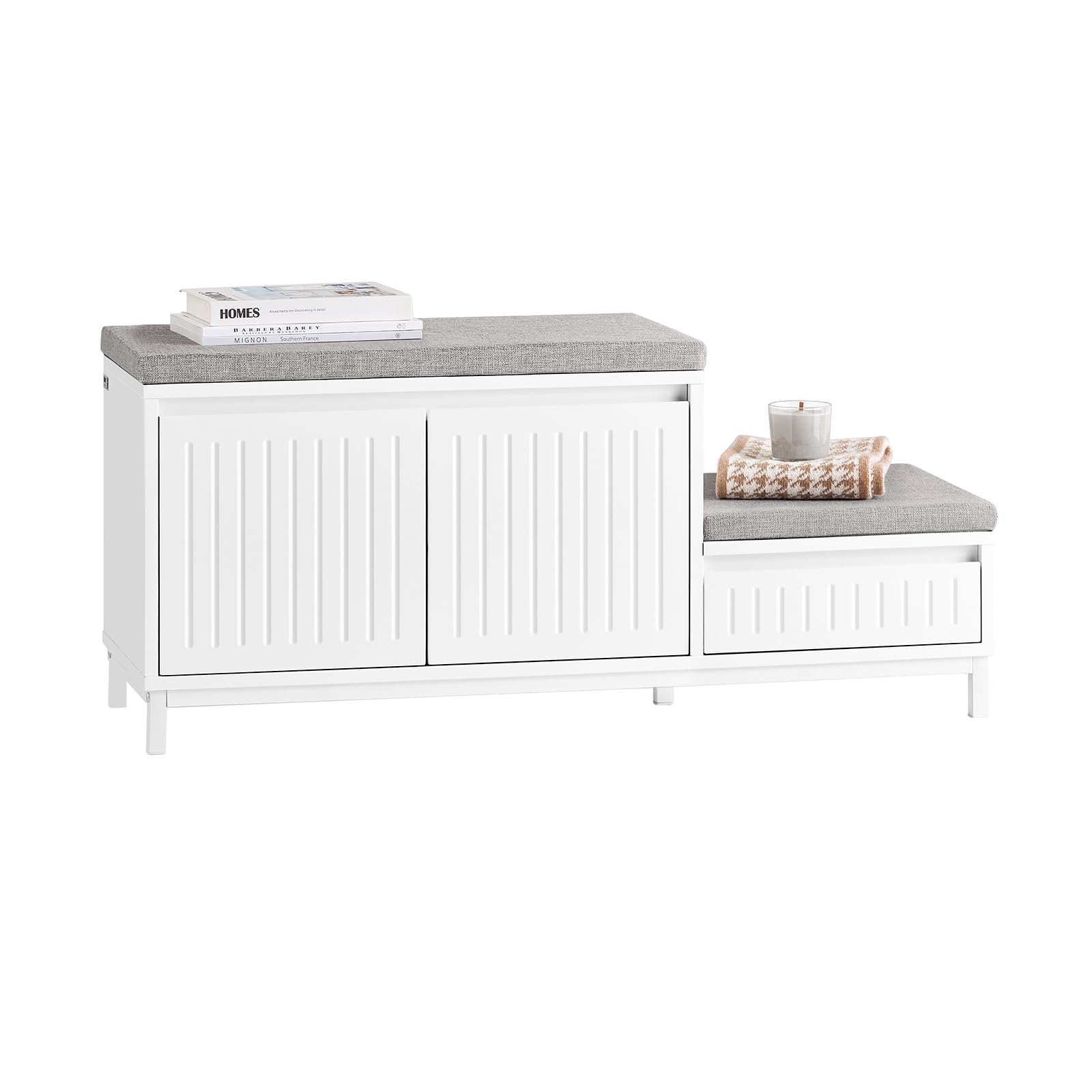 SoBuy Banco Zapatero con 2 Estantes, 1 Cajón y 2 Puertas Entrada Recibidor con Cojín Acolchado de Asiento 100 x 35 x 42 cm Blanco FSR172-W ES