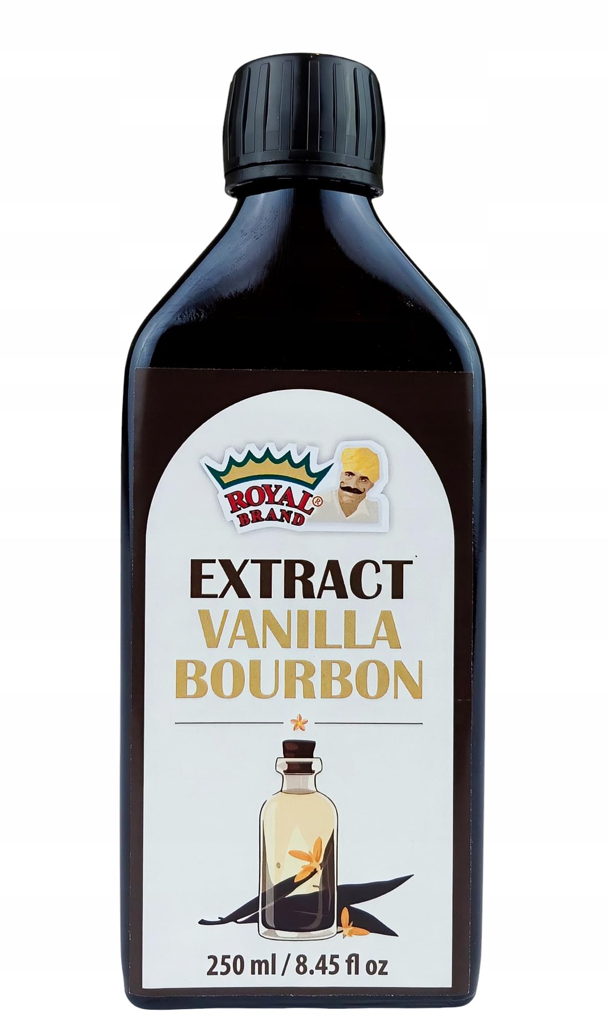 Royal Brand Ekstrakt z wanilii Bourbon, 250 ml, naturalny aromat w szklanej butelce. Ekstrakt z ziaren wanilii Bourbon, 100% naturalny, ekstrakt waniliowy idealny do pieczenia i deserów