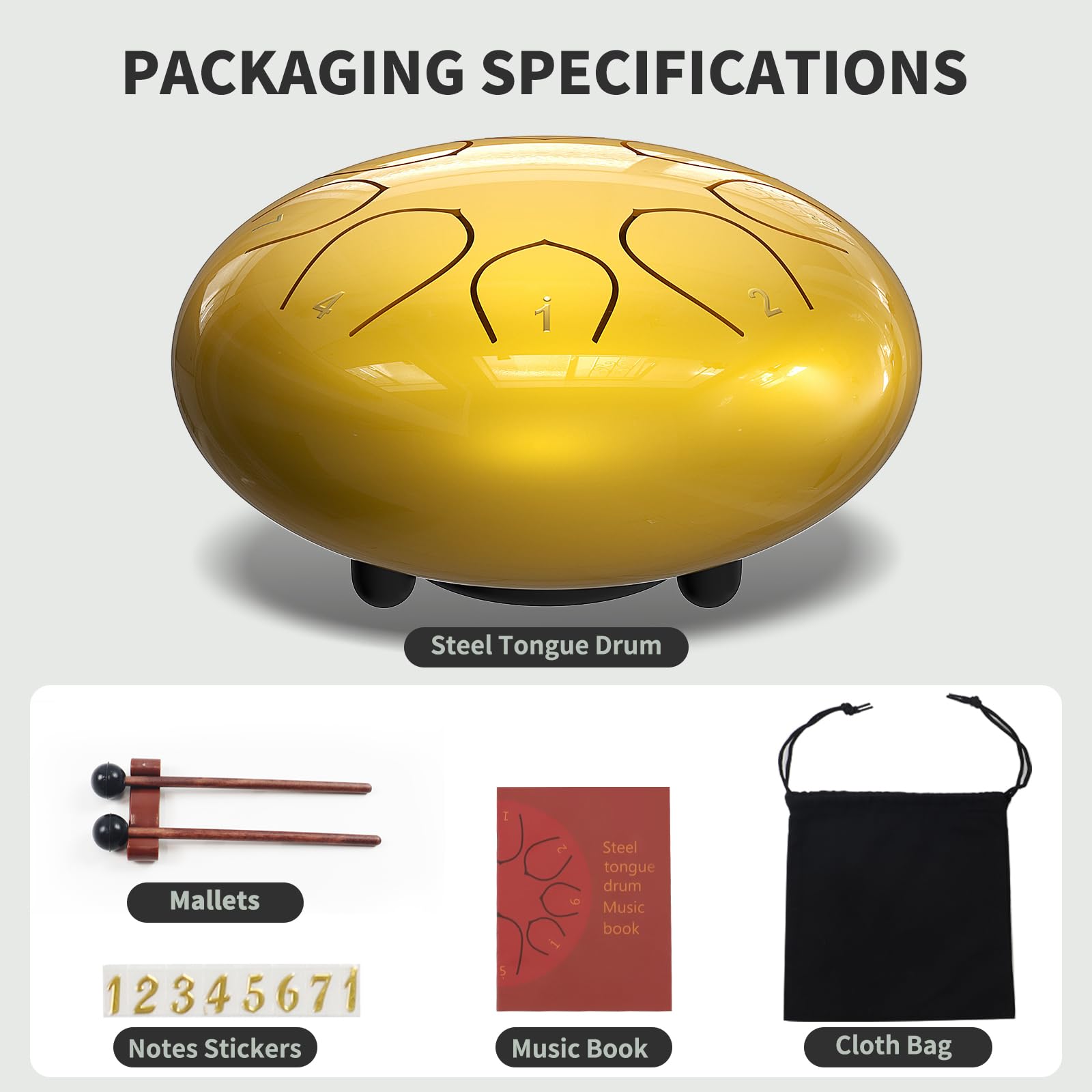 Rain Drum for Outside Garden, 6 Inches 8 Notes Steel Tongue Drums, Waterproof Meditation Rain Chime, Musical Instruments for Adult Gift with Bag, Music Book, Mallets (Gold) 3