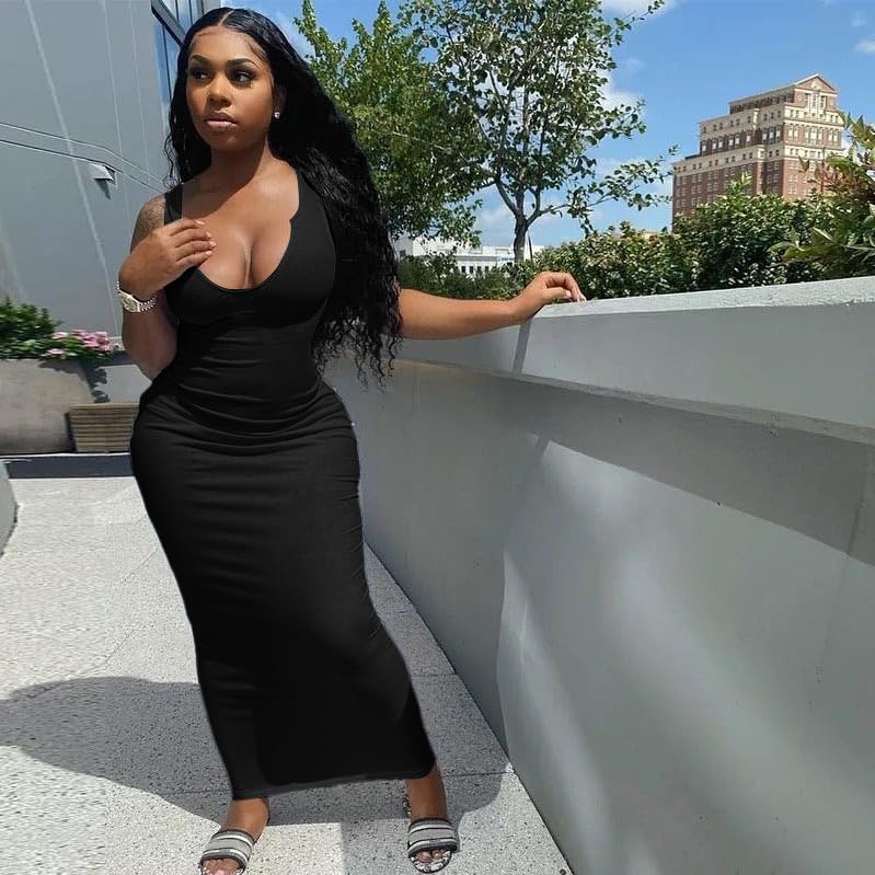 Image of Nimsruc Women Casual Sexy Deep U Neck Tank Top Bodycon Dress Summer Sleeveless Wrap Long Basic Party Club Maxi Dresses