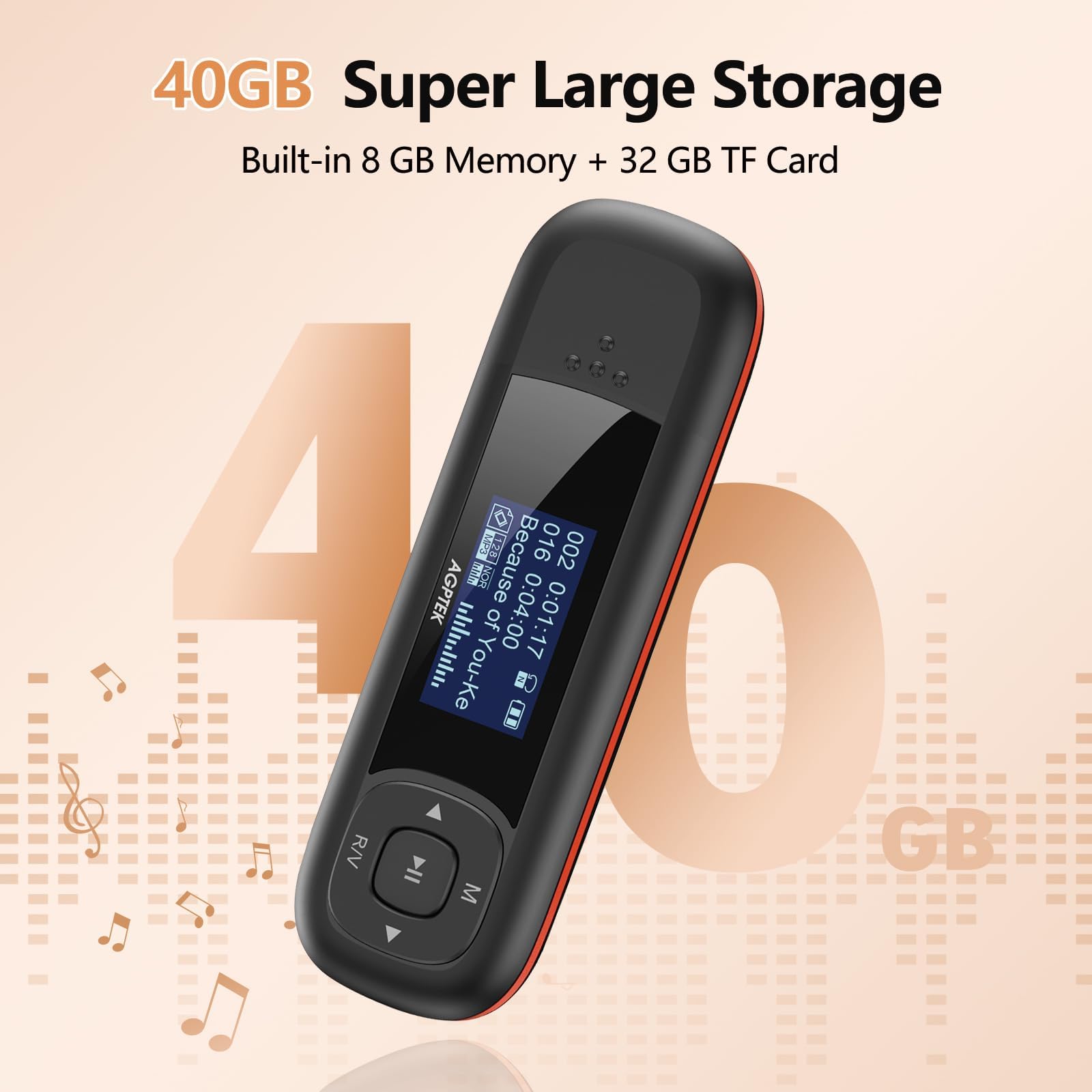 AGPTEK U3 USB Stick Mp3 Player, 40GB Music Player Supports Replaceable AAA Battery, Recording, FM Radio, Expandable Up to 128GB