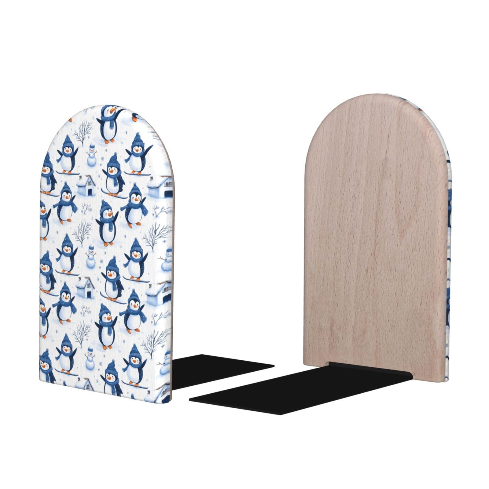 Cute Snowman Penguin Print BookEnds 1 Pair, Decorative Bookends for Heavy Books, Wood Book Ends for Shelves, Book Organizer for Home Desk Office Supplies
