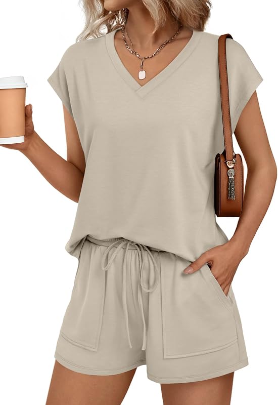 Conjunto corto de verano de 2 piezas a juego con funda de cuello en V para ropa de salón