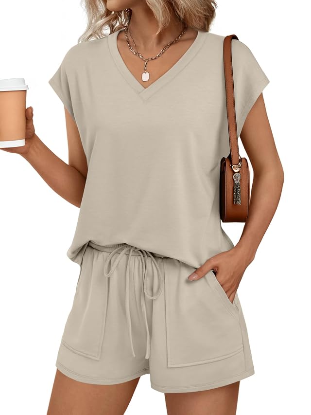 AUTOMET Women 2 Piece V Neck Matching Lounge Sets Clothing Spring Cap Sleeve Shirt and Shorts 2026 Summer