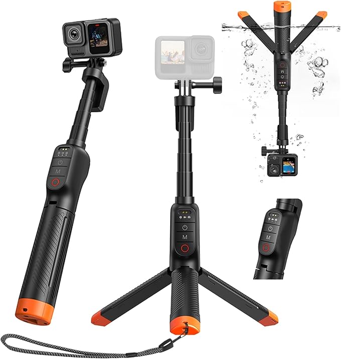 Trípode para Selfie con empuñadura Flotante, Impermeable, Extensible, monopié para Selfie con Control Remoto Bluetooth para cámaras de acción Go Pro Hero 13,12,11,10,9,8 Black