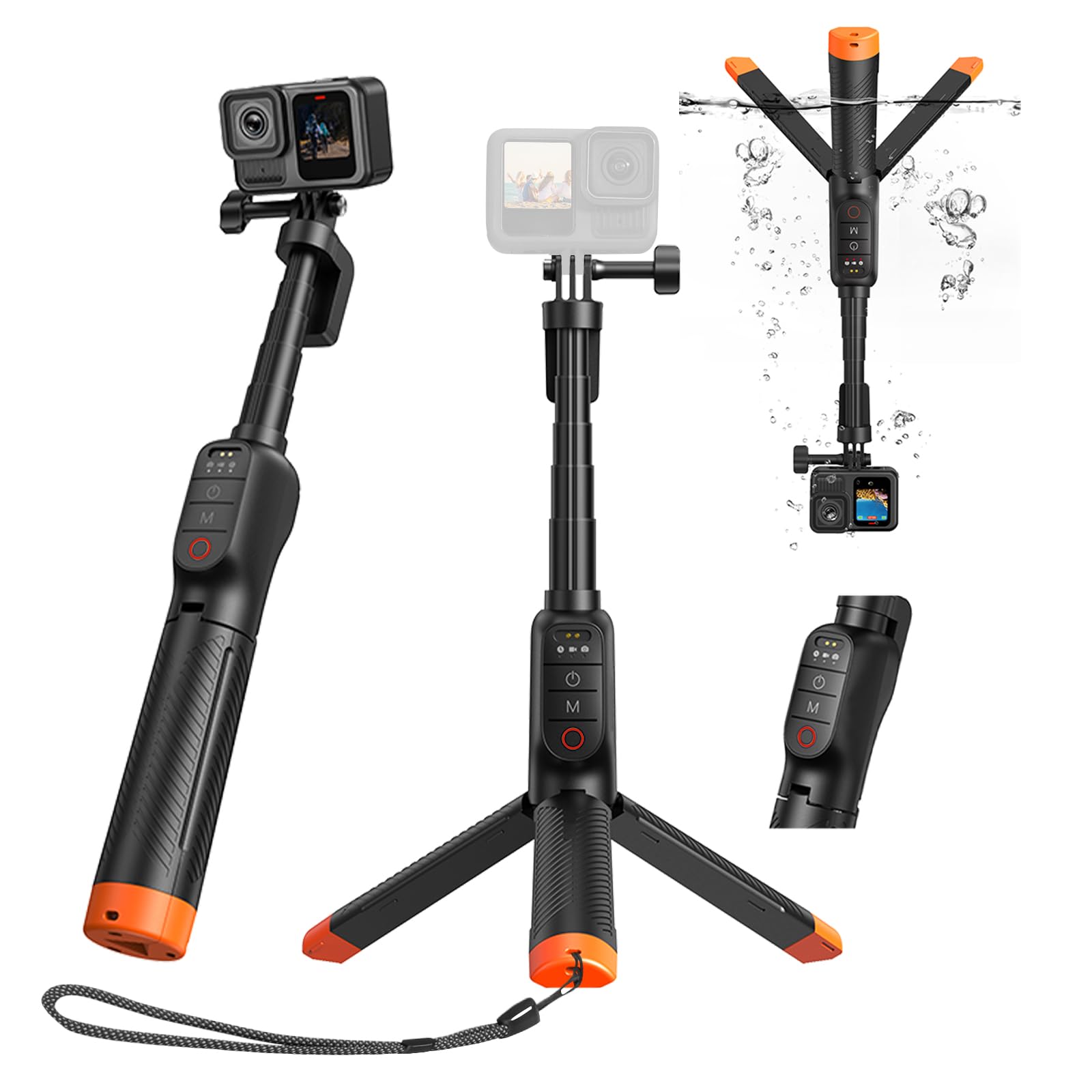 Trípode para Selfie con empuñadura Flotante, Impermeable, Extensible, monopié para Selfie con Control Remoto Bluetooth para cámaras de acción Go Pro Hero 13,12,11,10,9,8 Black