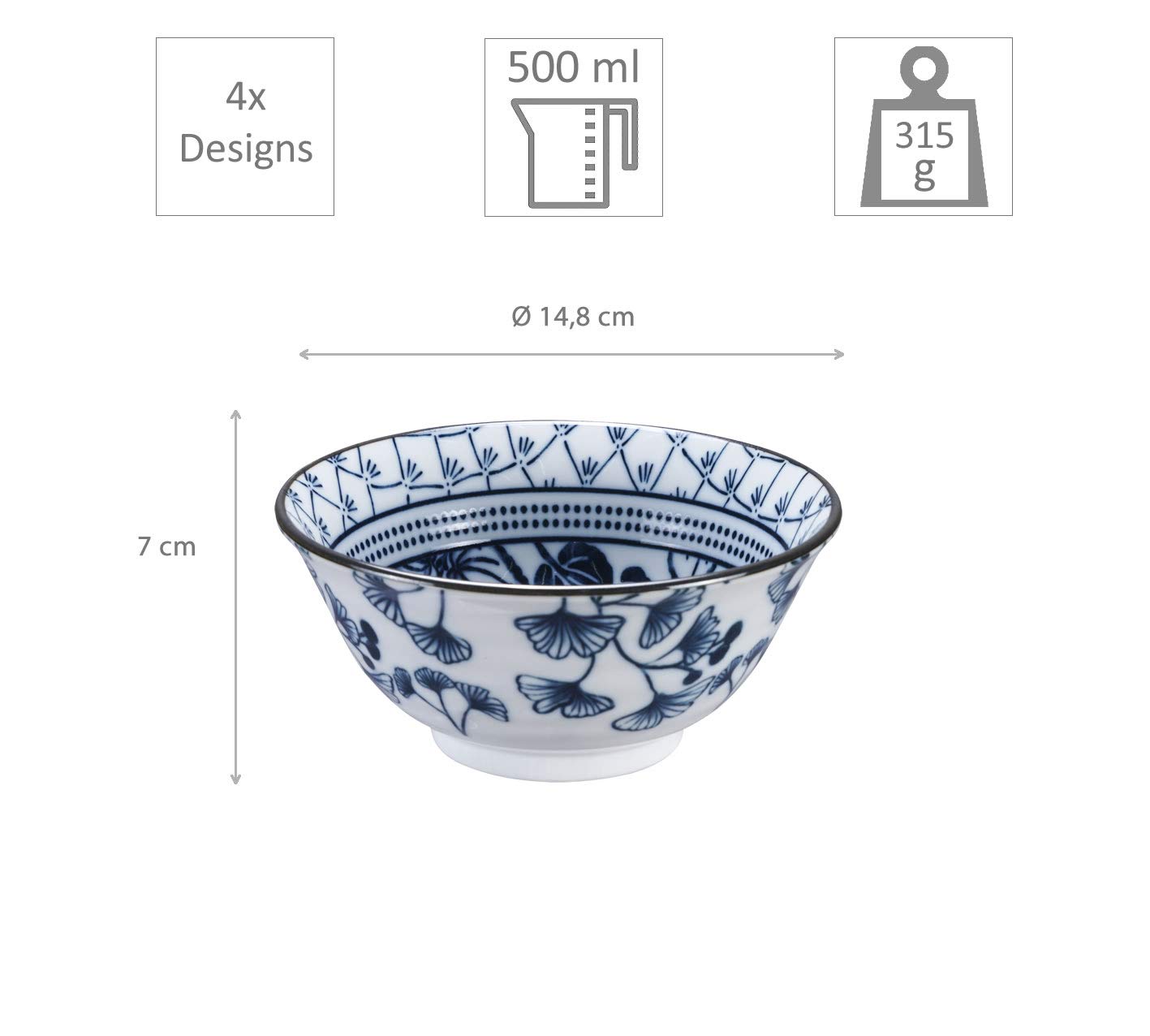 TOKYO design studio Flora Japonica 4-er Schalen-Set blau-weiß, Ø 14,8 cm, 7 cm hoch, ca. 500 ml, asiatisches Porzellan, Japanisches Blumen-Design, inkl. Geschenk-Verpackung