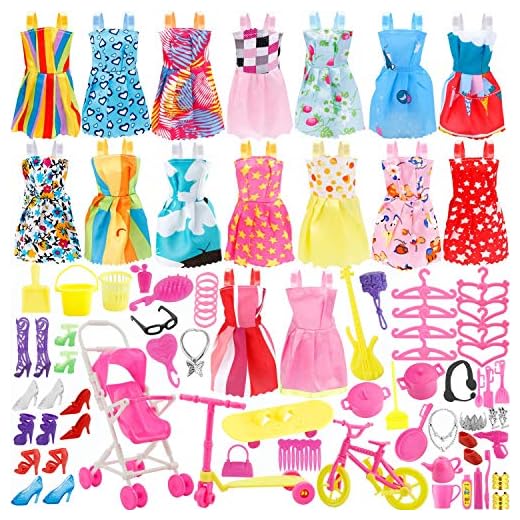 JANYUN Total 114pcs - 16 Pack Clothes Party Gown Outfits for Doll+ 98pcs Dolls Accessories Shoes Bags Necklace Mirror Hanger Tableware