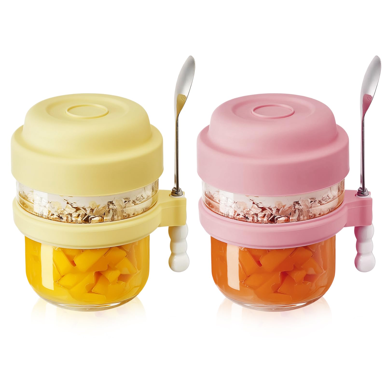 Naapesi 2 Pieces Breakfast Cups, Mueslicup, Reusable Yogurt Pots With Lids, Leak-proof Oats Jar Container with Spoon,Porridge Cups for Overnight Oats, Yogurt, Smoothie Bowls, Granola, Chia Pudding.
