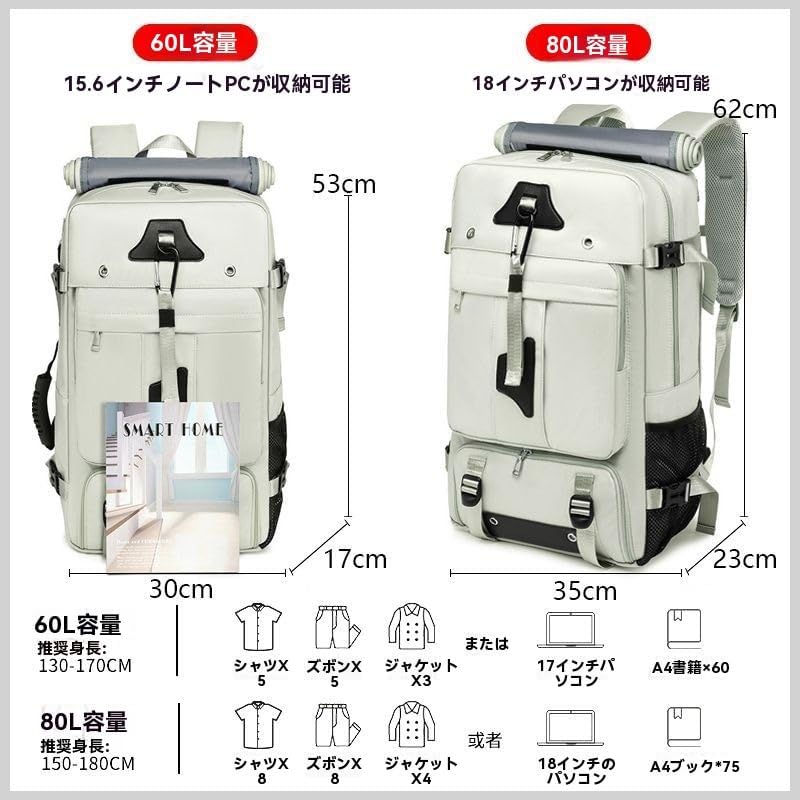 [Verano-JP] 60L-80L 大容量 リュックサック 手提げ 斜めがけ トラベル アウトドア 徒歩 男女兼用 ナイロン 1