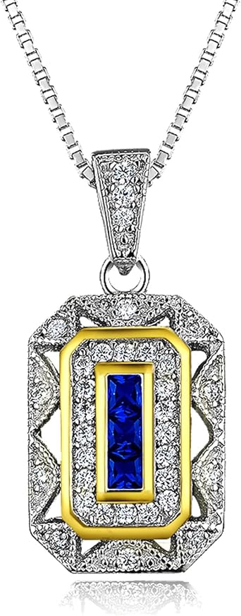 SHELOVES Vintage Pendant Necklace for Women Blue Sapphire Gemstone CZ 925 Sterling Silver Art Deco Chain 18" Gift For Her