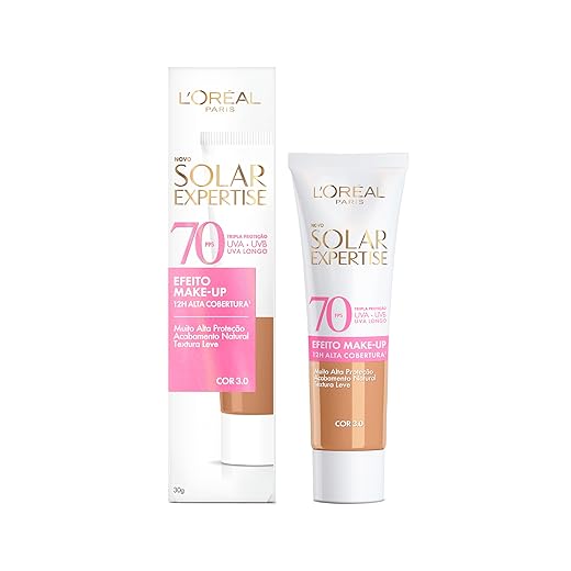 L'Oréal Paris Solar Expertise Efeito Make-Up, Protetor Solar com Cor FPS 70, Cobertura de Maquiagem por até 12h, Tripla Proteção Solar contra raios UVB, UVA, UVA Longo e Luz Visível Cor 3.0, 30g