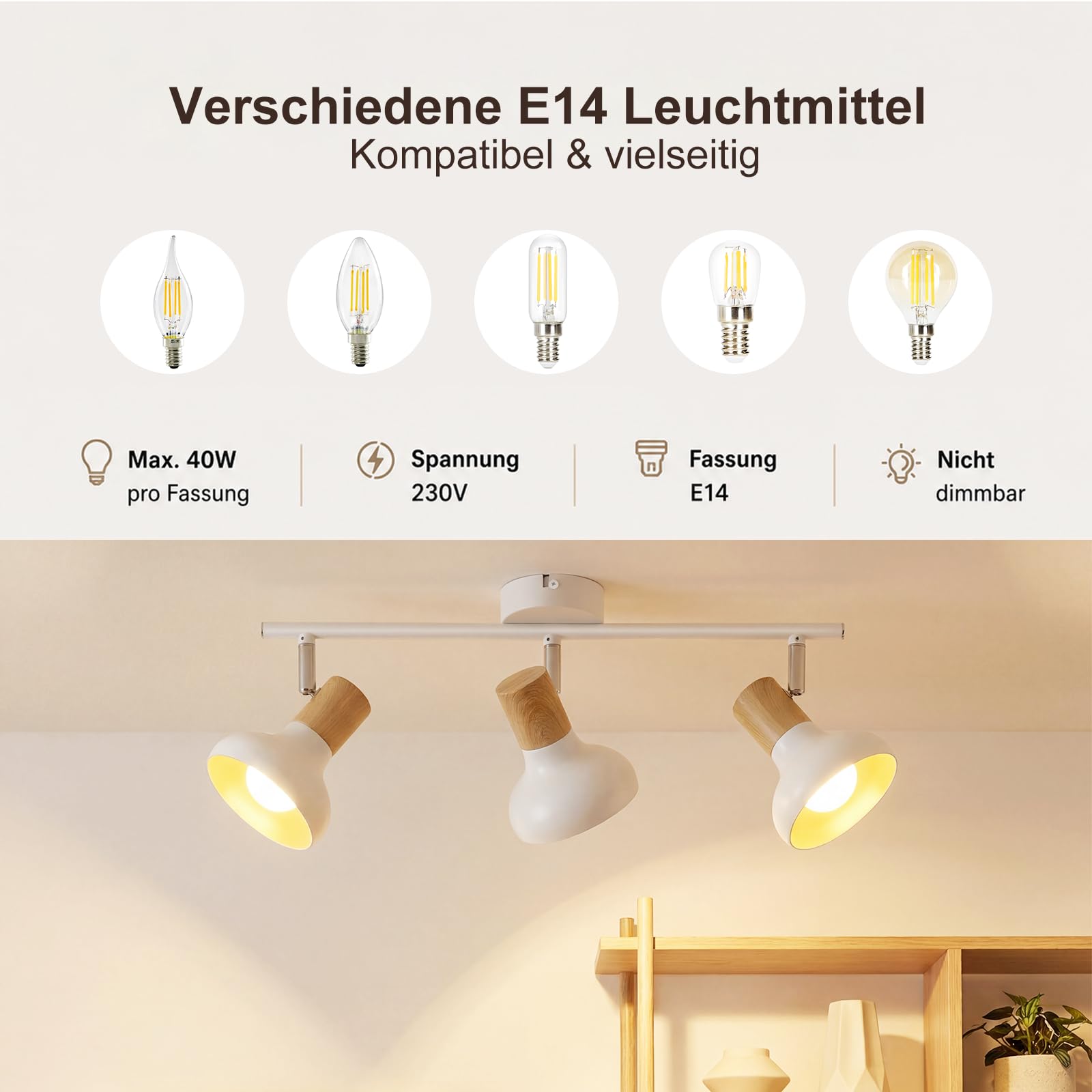 Lámpara de techo 3 focos vintage, blanca, industrial, ajustable | 350°, E14, para interior, sin bombillas