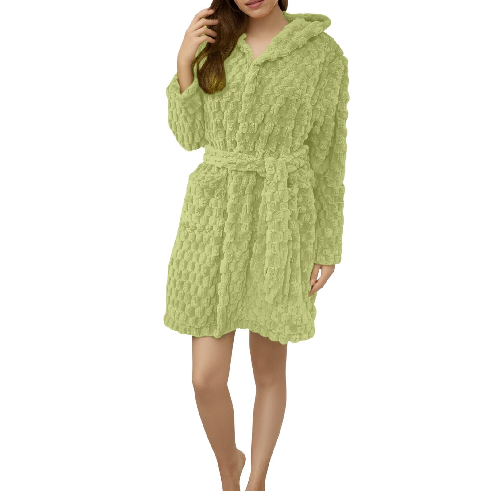 Albornoz cálido para mujer, de algodón, corto, de forro polar, con bolsillos, cinturones, cómodos, térmicos, ropa de dormir clásica, ropa de interior, batas con capucha