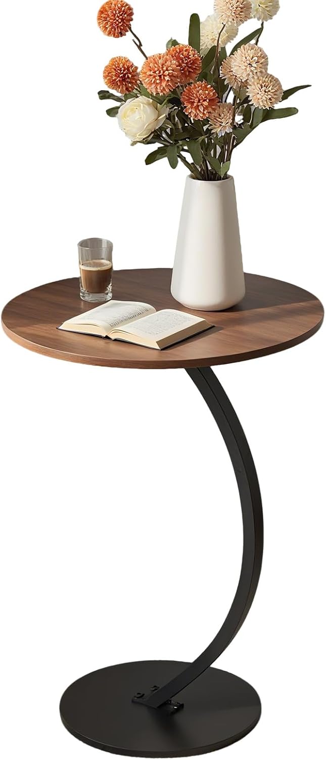 Overbed Bedside Table Round End Table with Metal Frame Small Nightstands for Bedroom Living Room, Sofa, Office Laptop,Rustic, Standing Desk for Home Use(Walnut)