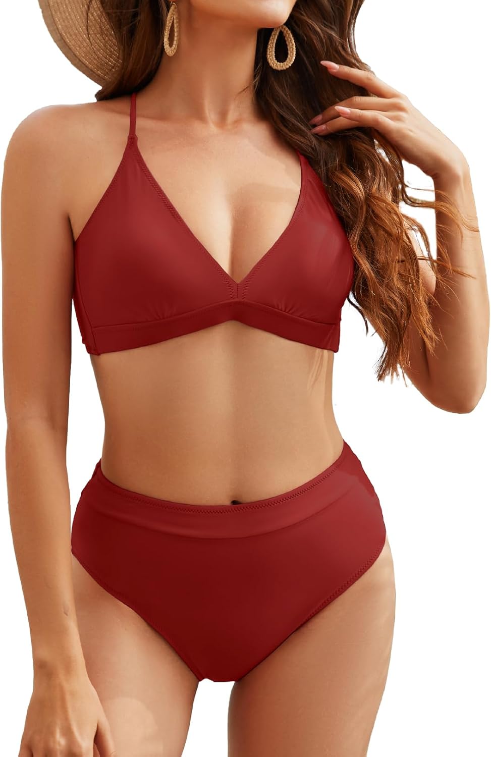 Women High Waisted Bikini Sets Criss Cross Back V Neck Bathing Suits High Cut Two Piece Swimsuits X-Large Wine