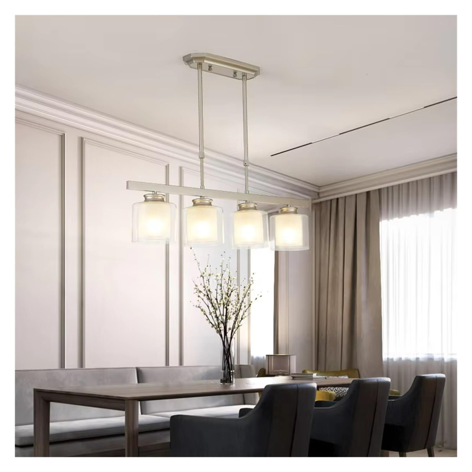 ASerZenith Pendant Lamp For Dining Room Kitchen Modern Long Wrought Iron Chandelier,Silver-Warm White