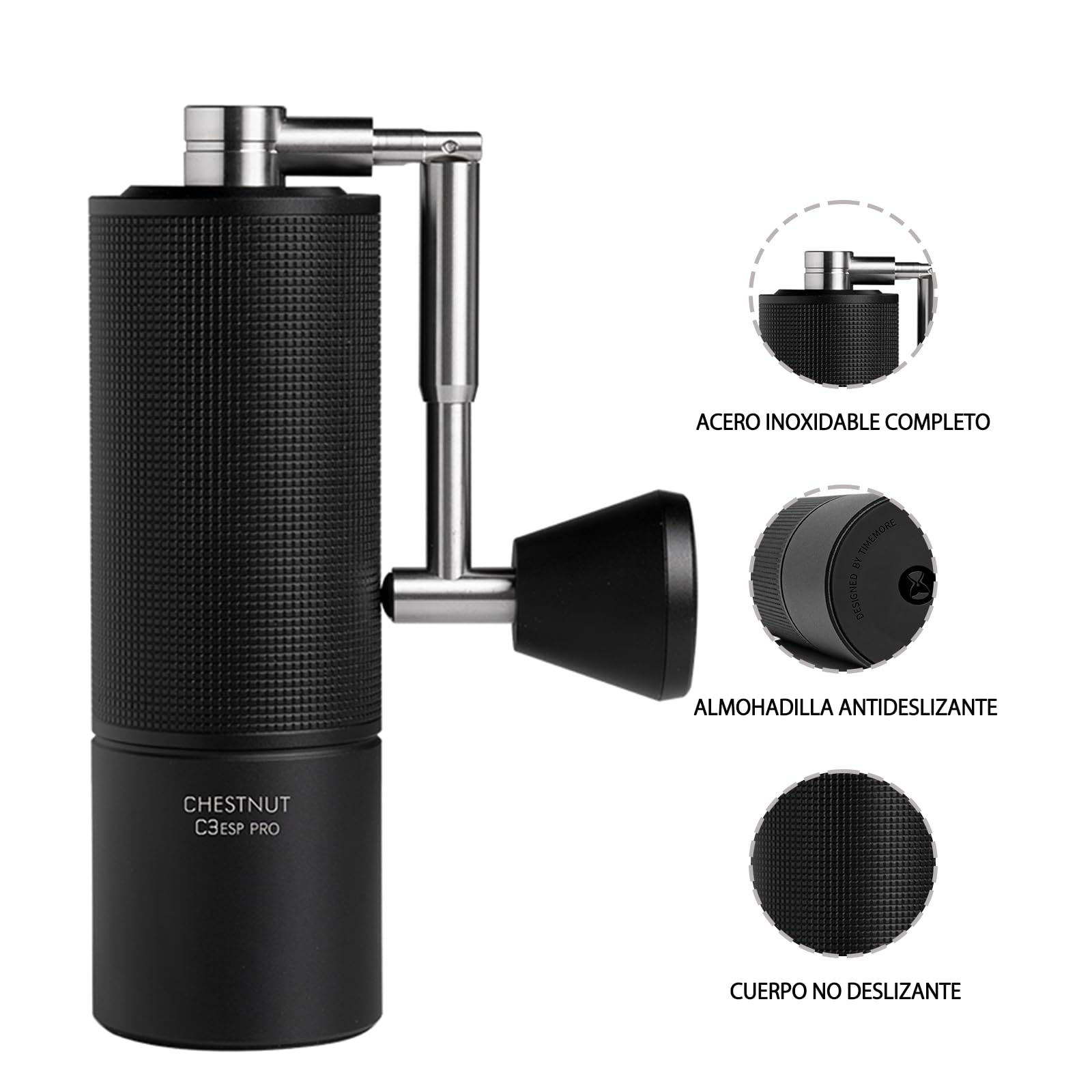 TIMEMORE Molinillo cafe manual con mango plegable, molino de molinillo café C3 esp pro inoxidable con ajuste interno, posicionamiento de doble rodamiento Castañas Negro