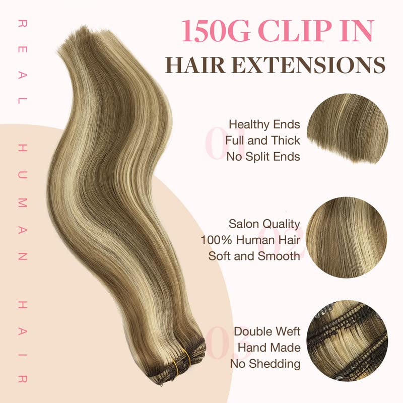 Image of GOO GOO Clip in Hair Extensions Real Human Hair, Remy Human Hair Extensions Clip ins for Women, Natural Human Hair, 16inch 150g 9Pcs, 8A /22 Medium Brown Highlighted Golden Blonde