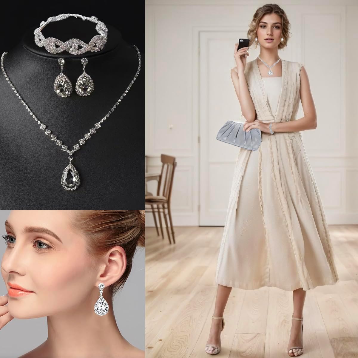 SAISI 6 Pieces Silver Shawls and Wraps Evening Handbags Rhinestone Jewelry Sets for Women Evening Dresses Bridal Weddings - Image 4