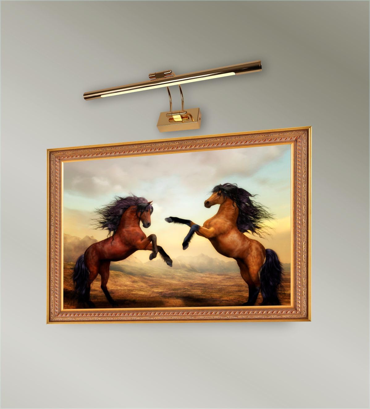 Aplique LED de pared para iluminar cuadros, espejos, murales, etc, led 9W estilo tradicional y elegante, luz cálida 3000K, Acabado ORO Brillante, articulado y giratorio. 50cm
