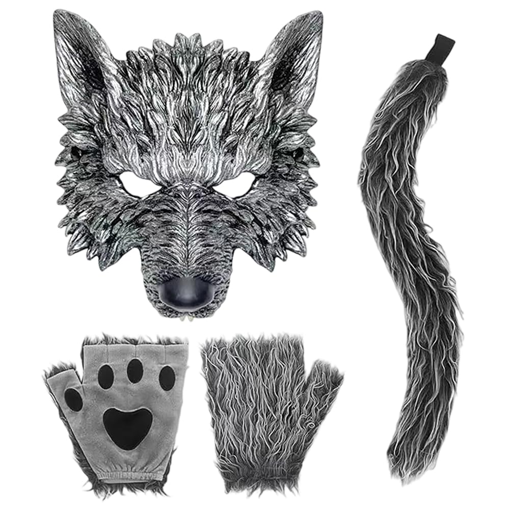 Disfraz De Lobo 3 Piezas,Diadema Con Orejas De Lobo Traje De Gris Oscuro Con Corbata,Orejas De Lobo y Cola,Para Halloween Carnaval Festival Fiesta Show Cosplay