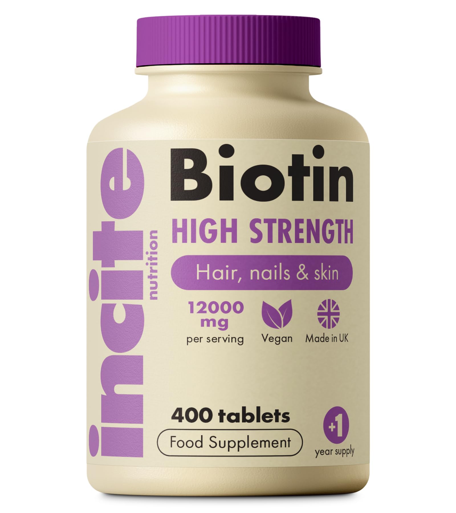 Incite Nutrition Biotin Hair Growth Supplement 12,000mcg - 400 Tiny 6mm Tablets (Full Year Plus Supply) - Biotin Hair Growth Tablets for Men & Women Biotin Tablets