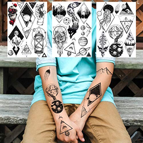 6 Sheets Nezar Black Outer Space Boys Temporary Tattoos For Kids Child Geometric Planets 3D Star Moon Bracelet Waterproof Forearm Small Face Hands Fake Tattoos Temporary Mountain Line Art Tatoos Girls #TOP5
