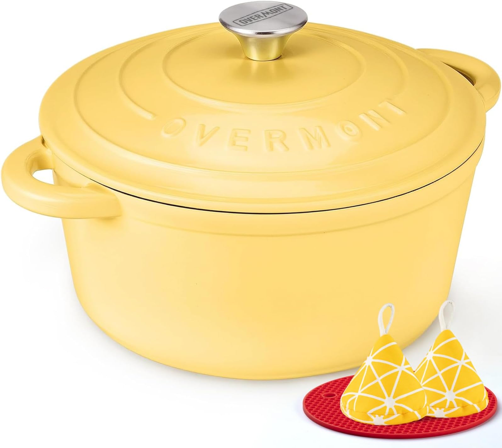 Overmont 26cm/5.2L Enamelled Cast Iron Round Casserole Dish With Lid,5.5QT, Cookbook -Non-stick Dutch Oven for Braising, Stews, Roasting, Bread Baking - Goose yellow