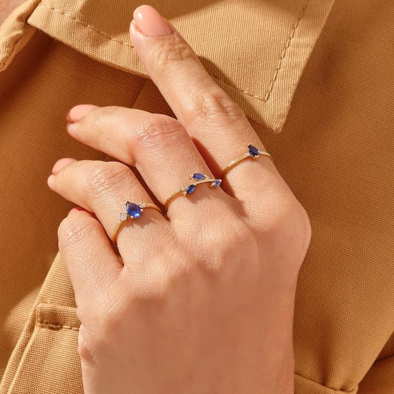 Blue Sapphire Ring,14k Gold Plated Sapphire Engagement Ring, Dainty Pear Cut Sapphire Band, Womens Teardrop Shape Solitaire Ring Gift for Her3