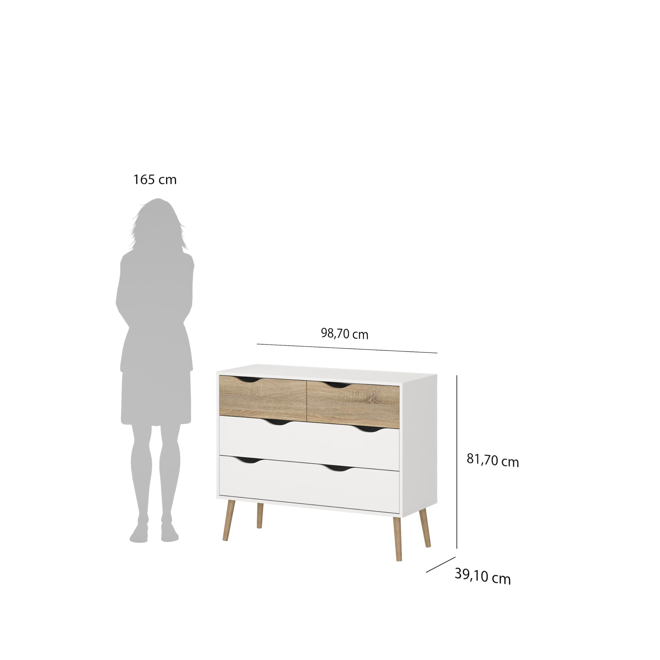 Cómoda, Cajonera para Dormitorio Tajo con 4 Cajones Color Blanco y Roble Patinado 99 x 39 x 82 cm