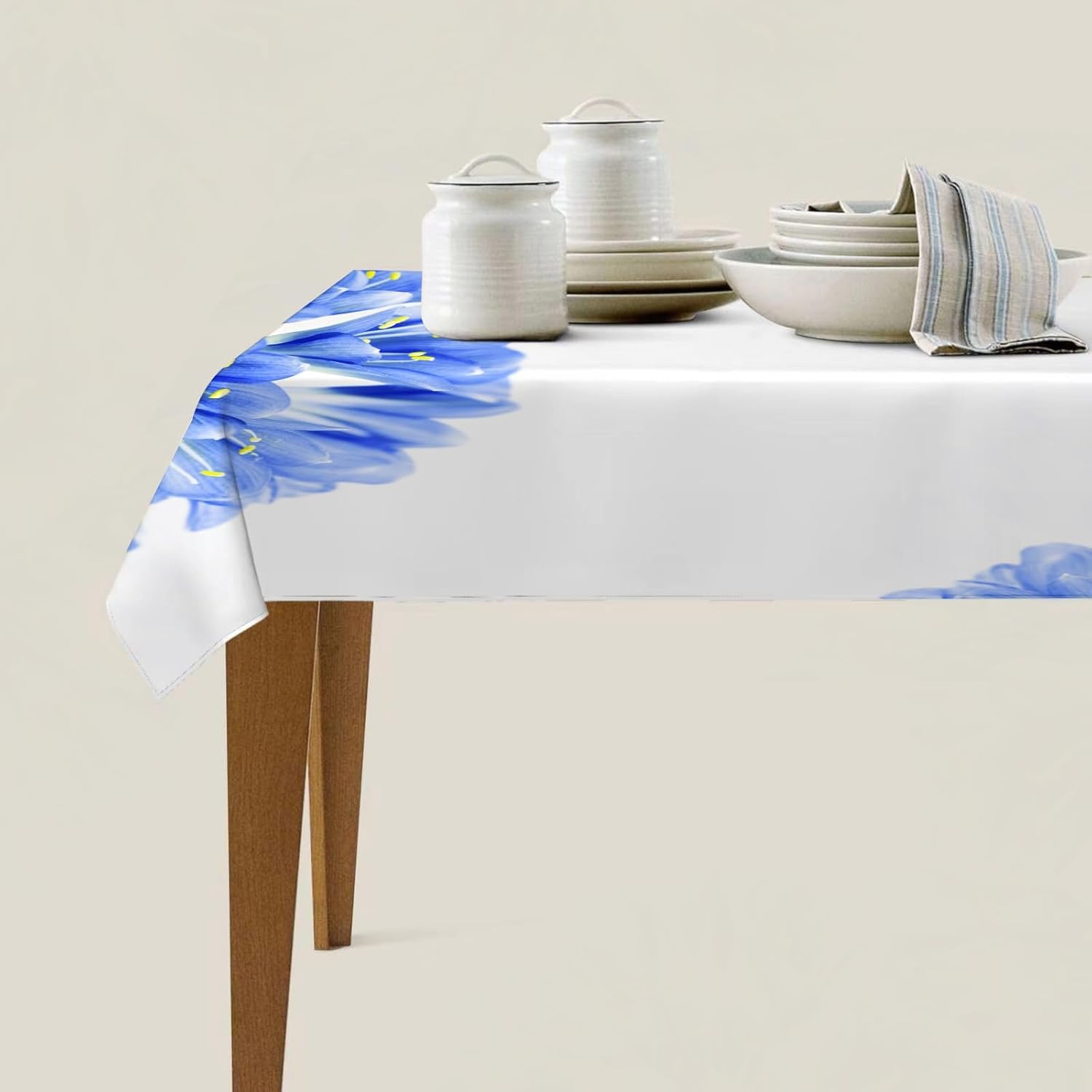 Mantel Mesa Rectangular Flores Azules, Manteles Antimanchas Blanco, 3D Impresión Mantel Impermeable Lavable para Cocina Salón Comedor, 140x300 cm Q.P1290