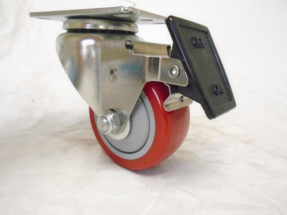 3" x 1-1/4" Swivel Caster with Brake Red Polyurethane Wheel (2) and Rigid (2), Supports 300 lbs Each (4)