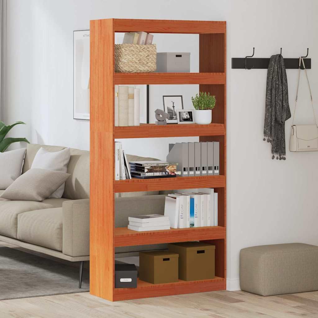 Libreria marrone cerato, 80 x 30 x 167,5 cm, in legno di pino massiccio, con 5 ripiani, per soggiorno, ufficio e cameretta dei bambini, contenitore rustico per libri, documenti, decorazione