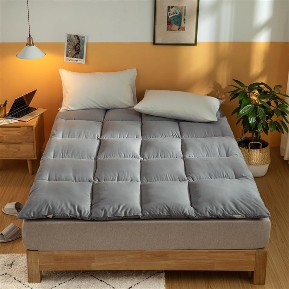 Guoiooi Grey Futon Mattress Queen Size, Padded Japanese Floor Mattress Quilted Bed Mattress Topper, Portable Dormitory Tatami Mat,Roll Up Floor Lounger Bed(,Double)