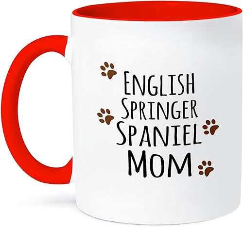 3dRose English Springer Spaniel Dog Mom – Perro por raza – Huellas de patas de barro marrón – Dueño de mascotas amante de los perritos – Taza roja