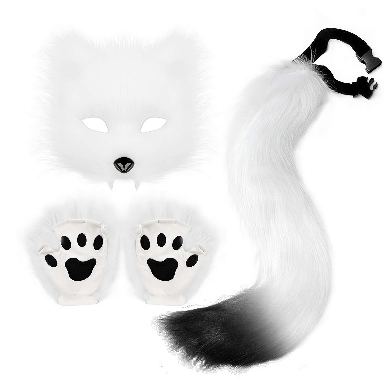 Faux Fur Cat Wolf Mask Tail And Gloves Set FoxTail Fluffy Cat Wolf Mask And Paw Gloves Cosplay Costume Animal for Halloween Christmas Party Women (White)