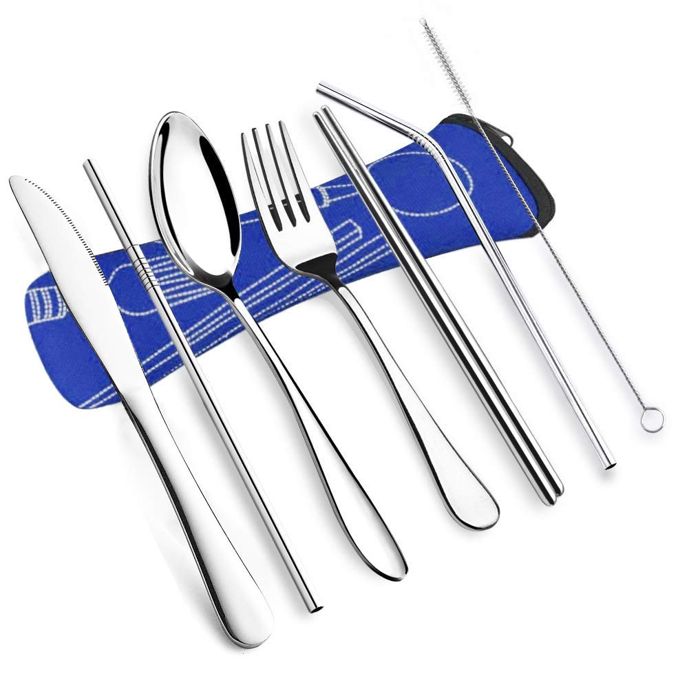 4Pcs Camping Utensil Fork Knife Spoon Chopsticks Food Grade Stainless Steel Flatware Set Portable Zipper Case Eco-Friendly Silverware Travel Hiking Survival Office School(Deep Blue)