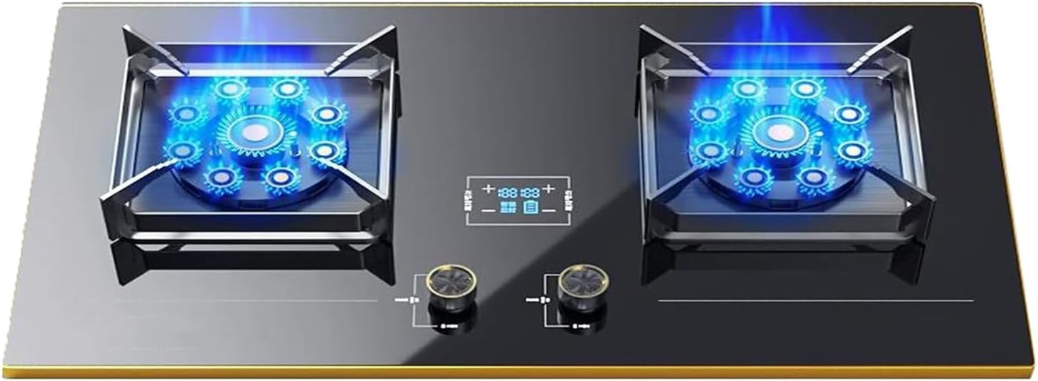 Propane Stove 2 Burner - 5.2KW Nine-cavity High-fire Timer Stove, Auto Ignition Gas Cooker, Tempered Glass Kitchen Counter Top Hob, with Flameout Protection(NG)