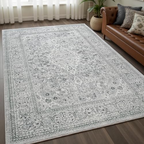 Washable Rug 5x7, Gray Area Rugs Non Slip, Indoor Low Pile Carpet with Rubber Backing for Living Room Kitchen Bathroom Entryway Office Bedroom