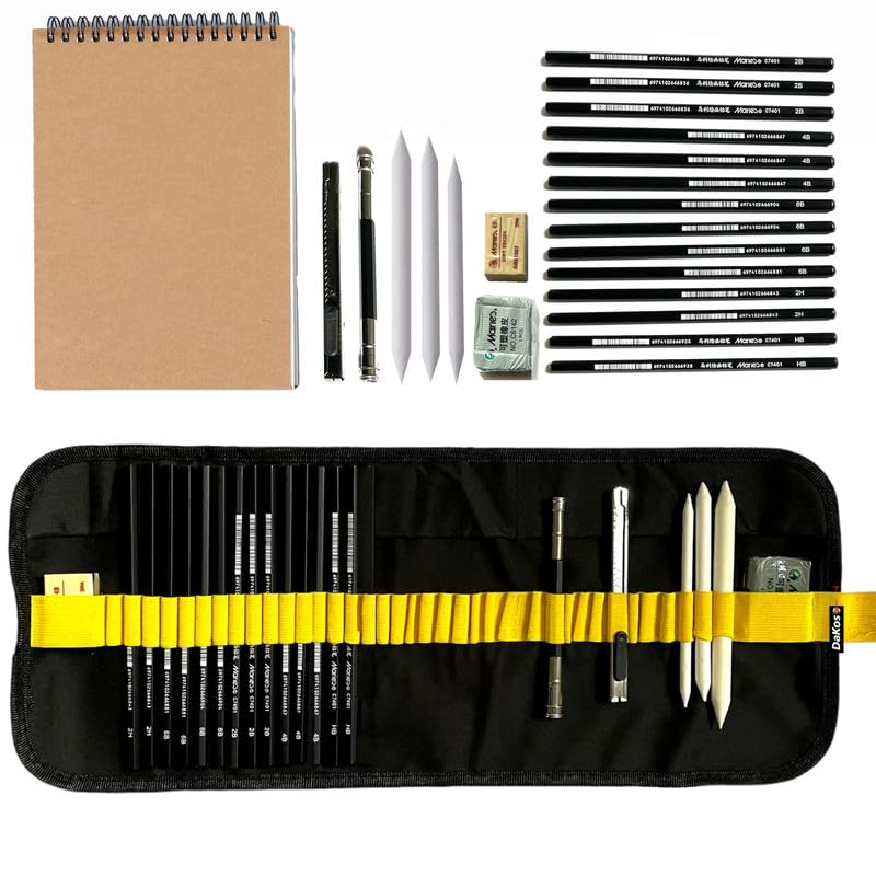 Image of DaKos Sketch Pencil Set - Drawing Pencil Set and Shading Pencil Set for Artists, with A5 Drawing Sketch Book, Perfect Sketching Kit of Charcoal Pencil and Shading Art (23 Pcs.)