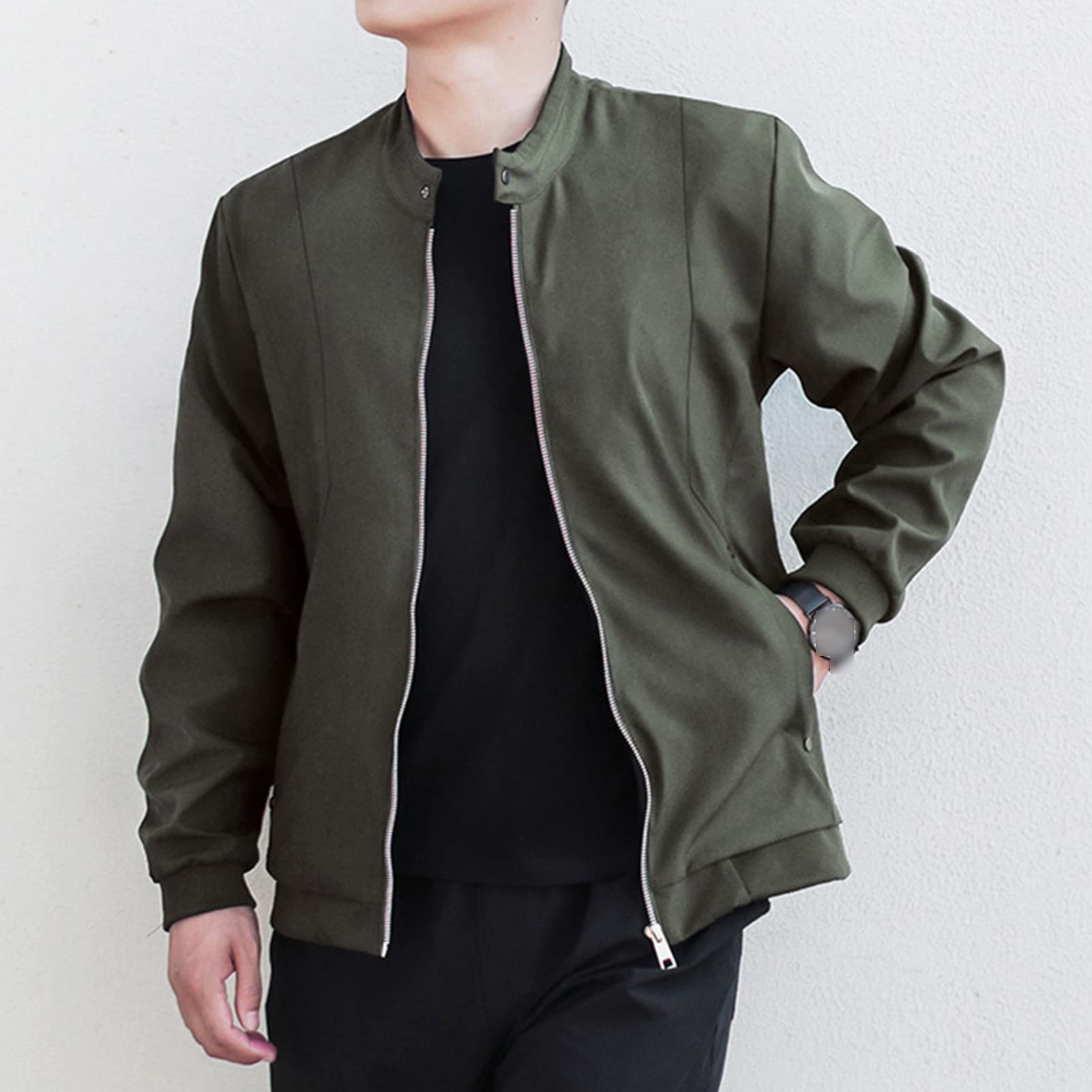 Maiyifu-GJ Men's Button Front Cardigan Jacket Stand Collar Vintage Spring Jackets Lightweight Winter Solid Softshell Coat (Armygreen 2,6X-Large)