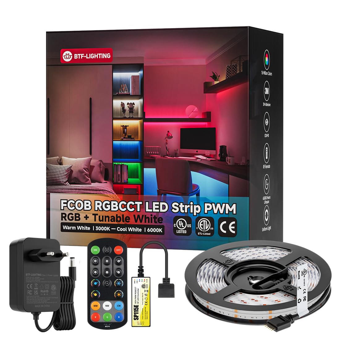 BTF-LIGHTING FCOB RGBCCT LED Streifen 24V 3m mit RF Controller & Netzteil