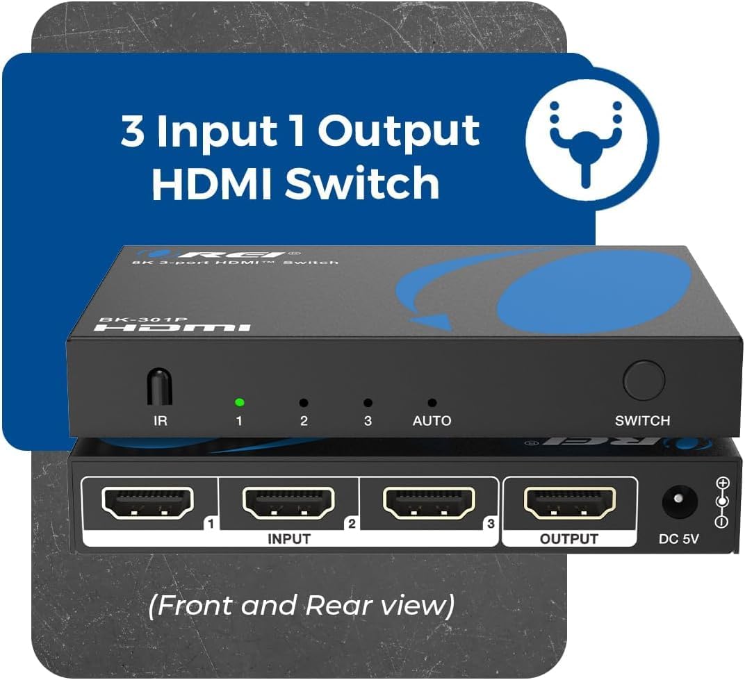 OREI 8K 3-Port HDMI 2.1 Switch, 3 Zoll 1-Out, 8K @ 60Hz, manueller & automatischer Schalter