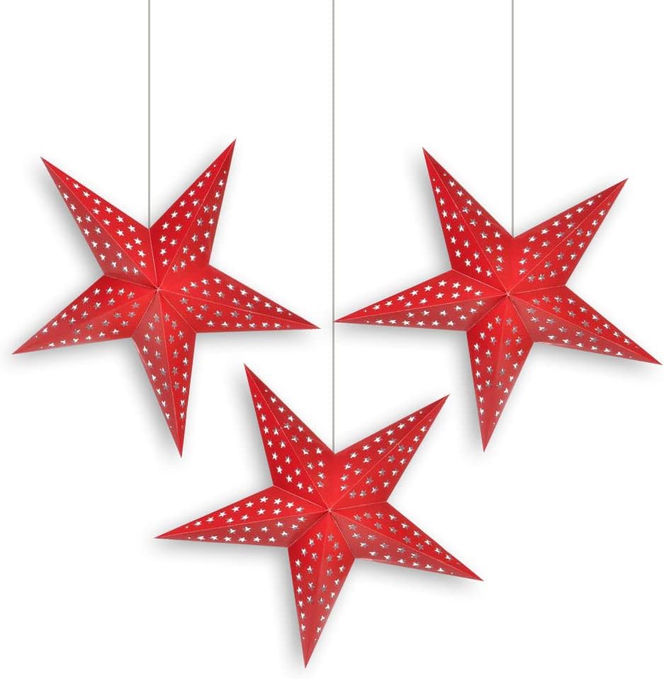 PaperLanternStore.com 3-PACK 24 Inch Solid Red Cut-Out Paper Star Lantern, Hanging Decoration